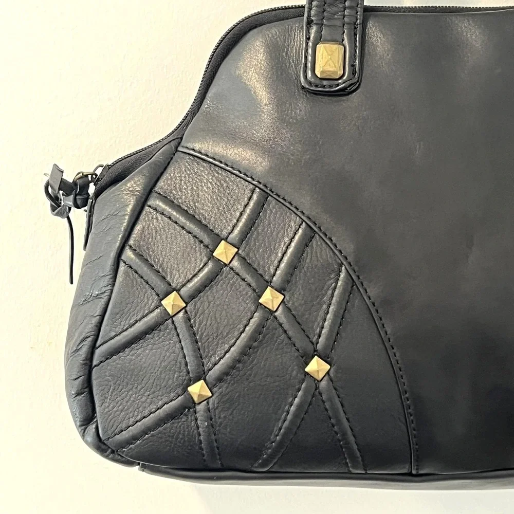Stone Mountain Shoulder Bag Womens Medium Black Leather Studded Gold Hardware